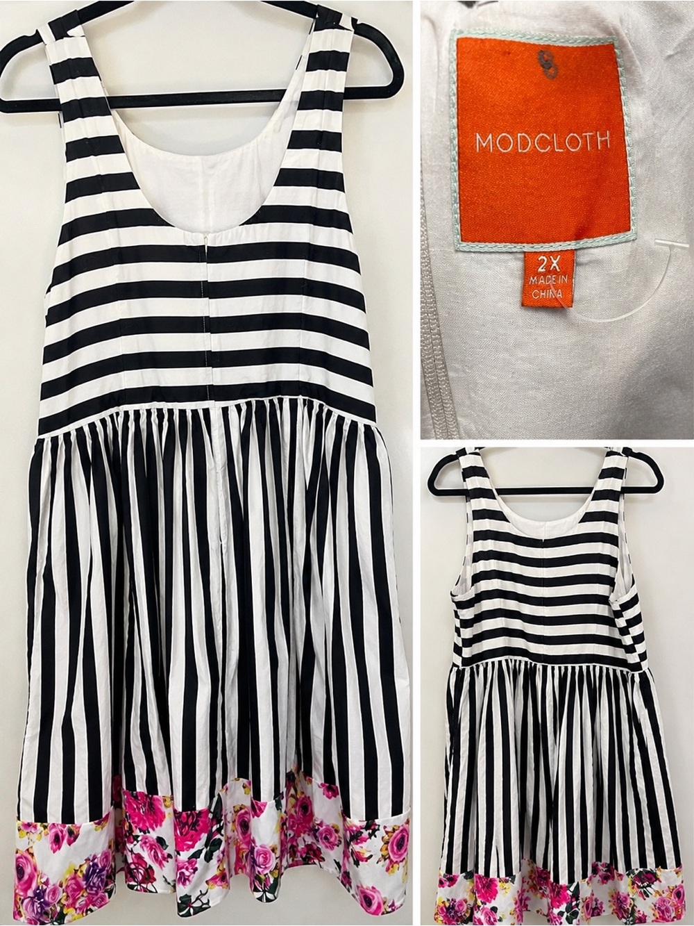 Modcloth Black & White Striped Dress with Pink Floral Hem